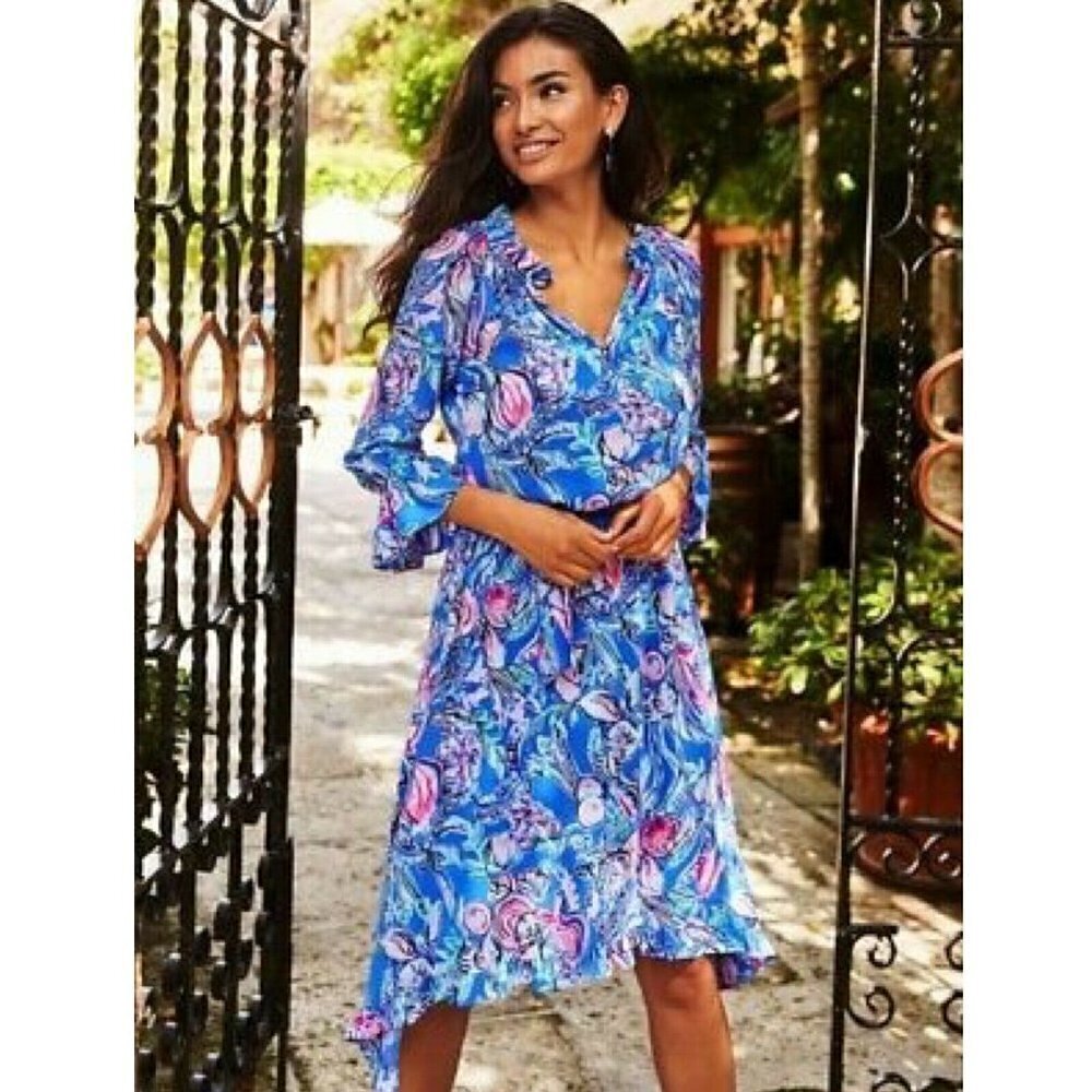 Lilly Pulitzer Womens Blue Floral 3/4 Sleeves Alyanna Midi Blouson Dress